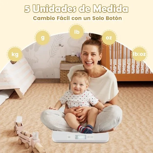 Balança digital para bebés 61 cm x 33 cm x 8 cm com bandeja removível para medir o peso e a altura com 5 unidades, desligamento automático e ecrã LED