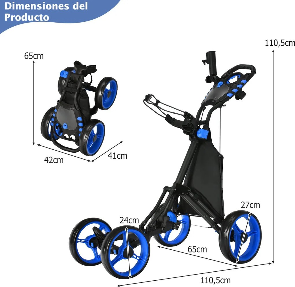 Carrinho de golfe dobrável, leve e de 4 rodas, com saco impermeável e travão de pé, suporte ajustável para guarda-chuva e copo - Azul