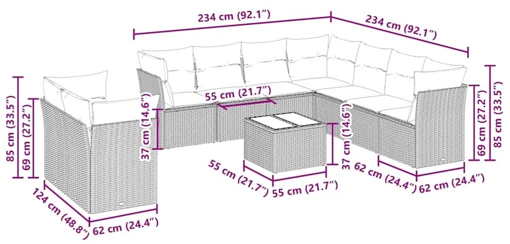 10 pcs conj. sofás jardim com almofadões vime PE cinzento-claro