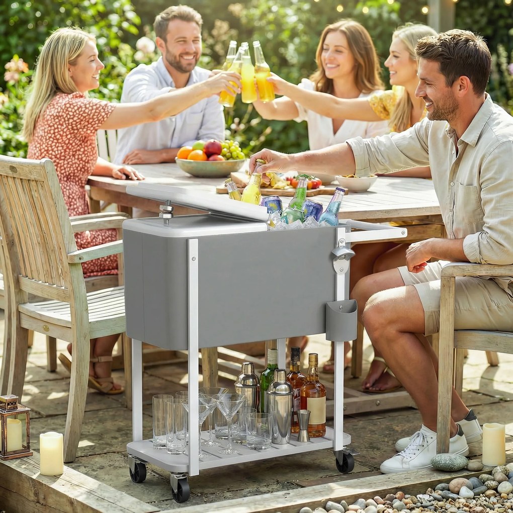 Carro Geleira de 56L com Rodas Prateleira Abre-Garrafas Coletor de Tampas Dreno e Pega para Jardim Festas 84x38x83 cm Cinzento