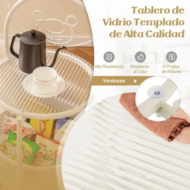 Mesa de centro de vidro móvel Mesa apoio ou cabeçeira de 2 níveis com padrão de urso Cesto de arrumação Estrutura metálica Mesa lateral moderna Branca