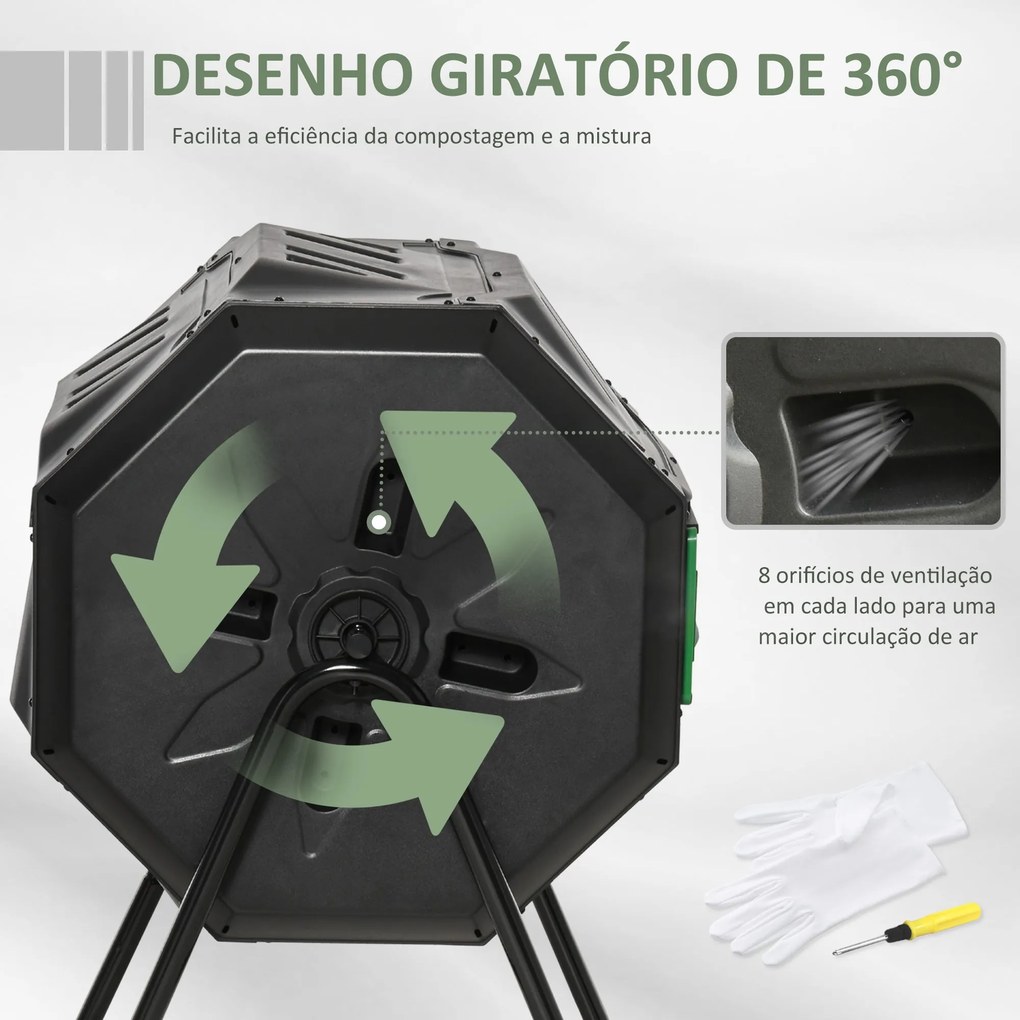 Compostor Giratório de Dupla Câmara – ÉcoCycle 160L – Preto e Verde –