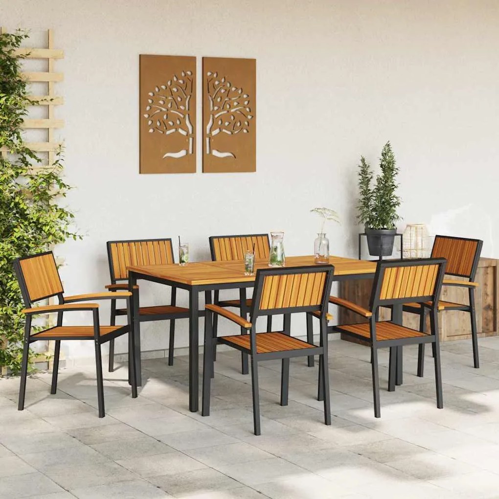 Conjunto de Jantar de Jardim 7 Peças em Madeira Sólida de Acácia e Met