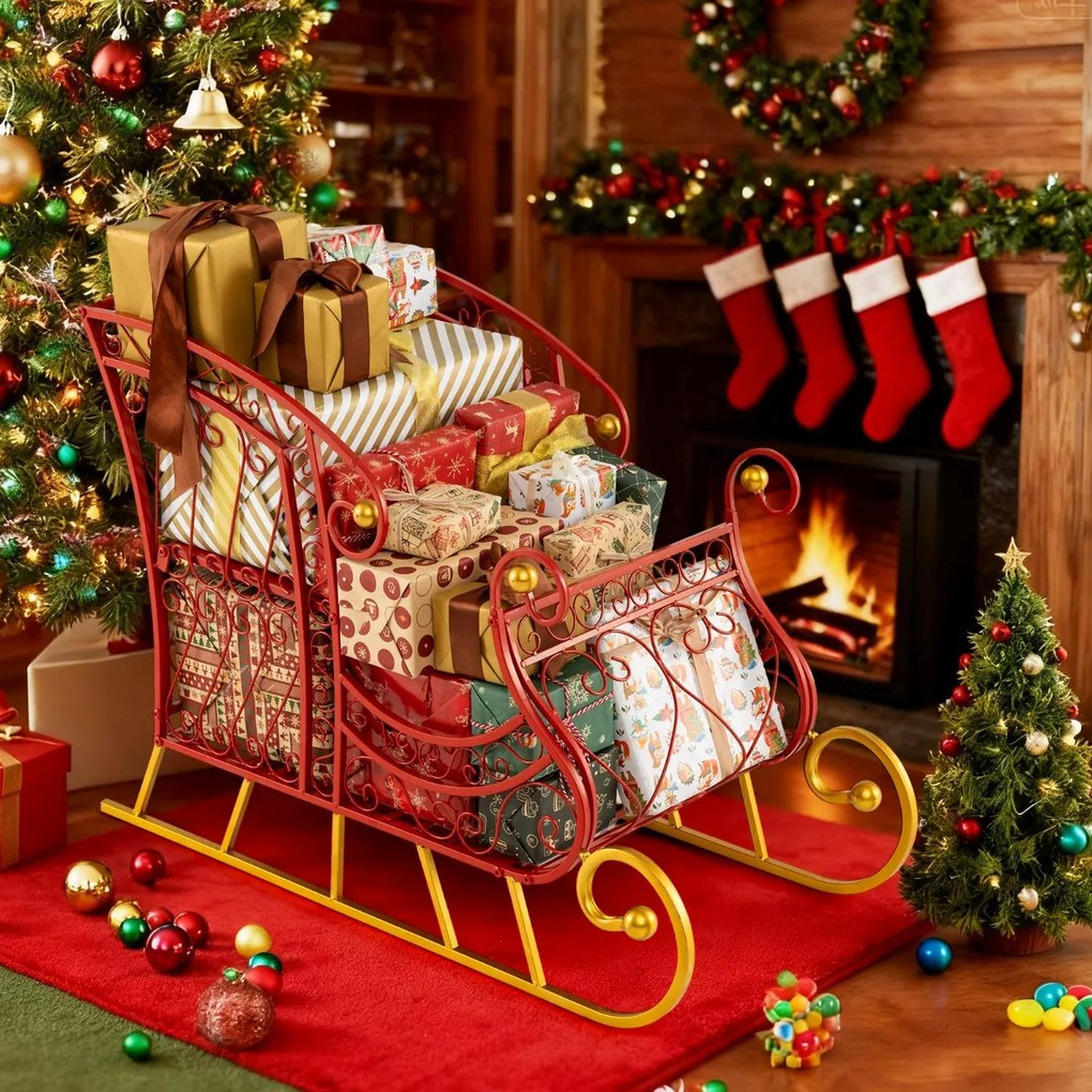 Cesto de Natal em Metal desenho Trenó de 2 Níveis para Presentes do Pai Natal Carrinho Trenó Decorativo Decoração Natal Vermelho
