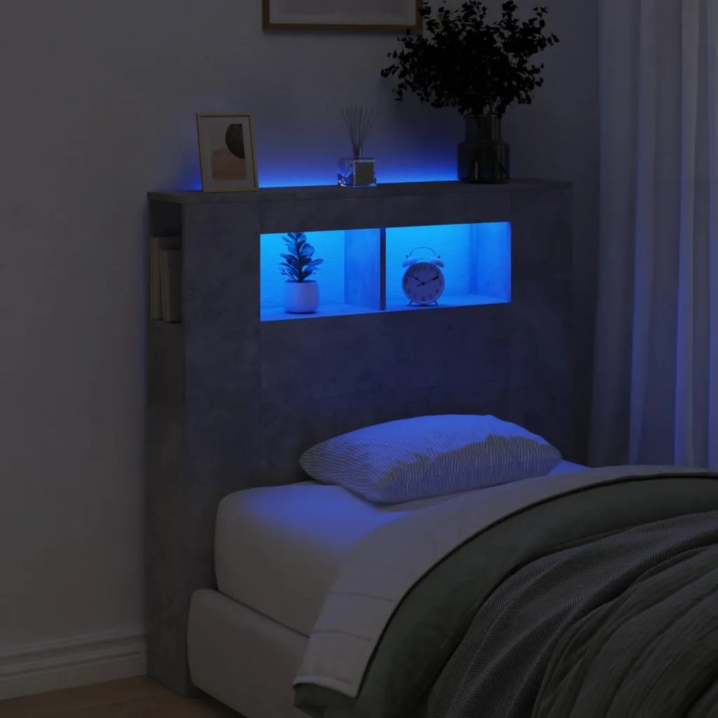 vidaXL Cabeceira c/ LEDs 100x18,5x103,5 cm cinzento-cimento