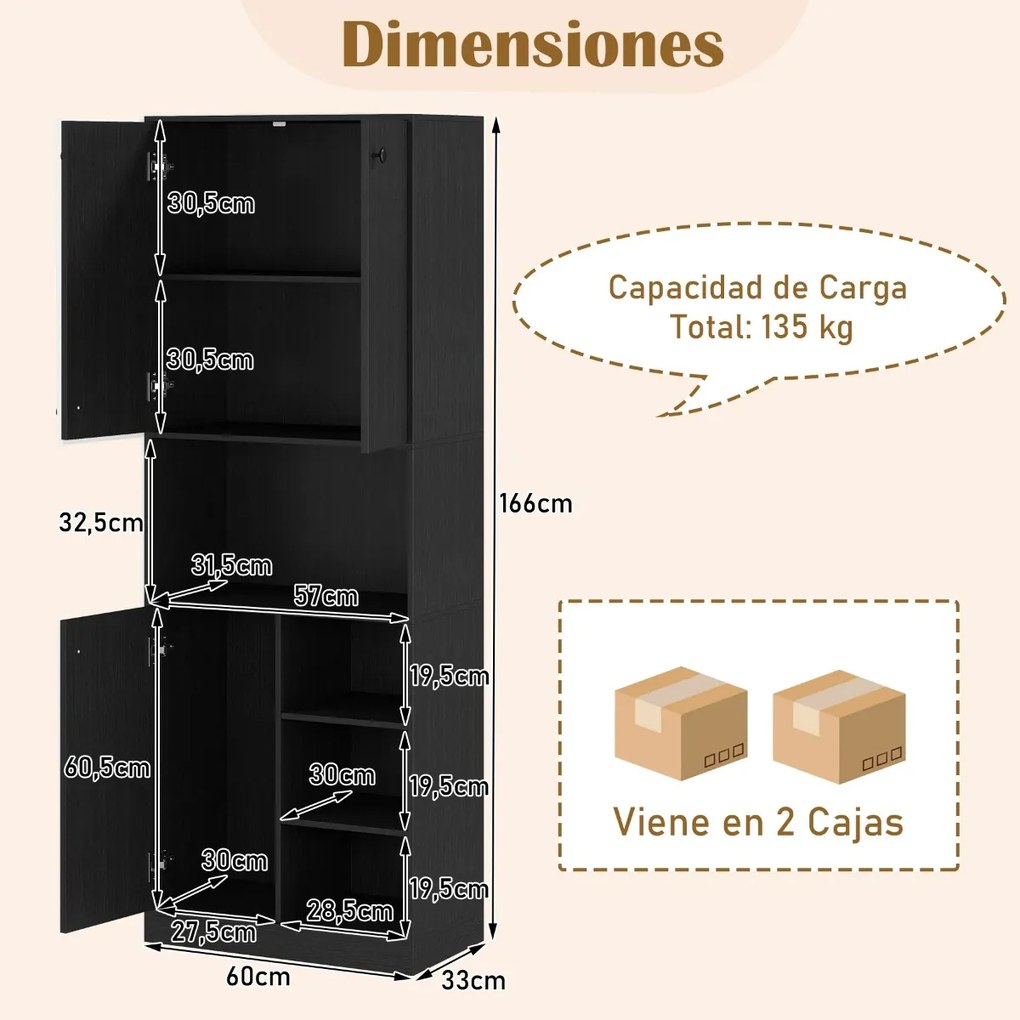 Armário de Cozinha para despensa 166 cm de altura e suporte para micro-ondas com portas e prateleiras Preto