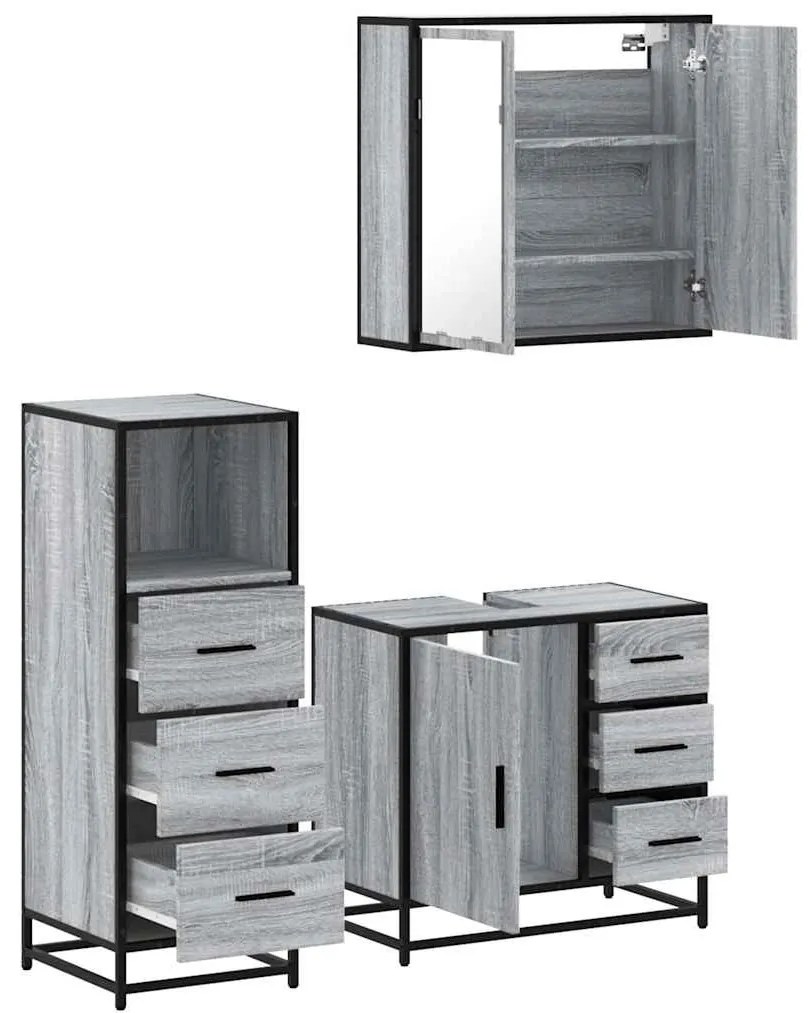 3 pcs Conjunto móveis casa de banho madeira proc. cinza sonoma