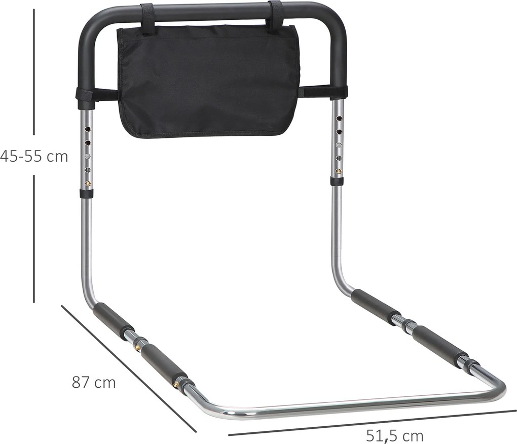 Barra de apoio para cama com barreira de segurança, proteção e pega ajustável em 5 alturas, com bolso de arrumação – 87 x 51,5 x 45-55 cm