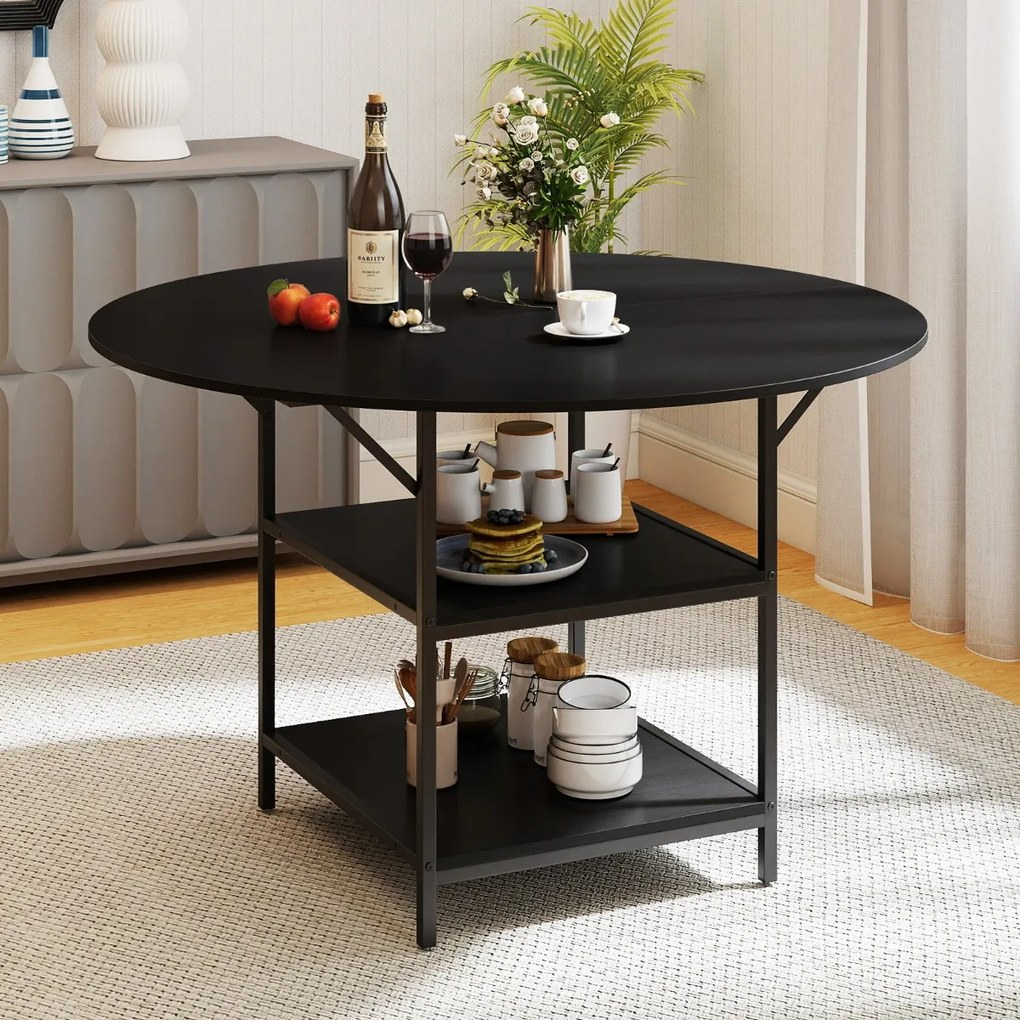 Mesa de Jantar Redonda 120 CM para 4-6 Pessoas de Cozinha Estilo Rústico com Estante Aberta de 2 Níveis Estrutura Metálica Preta