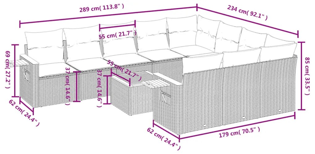 11 pcs conjunto sofás de jardim c/ almofadões vime PE bege