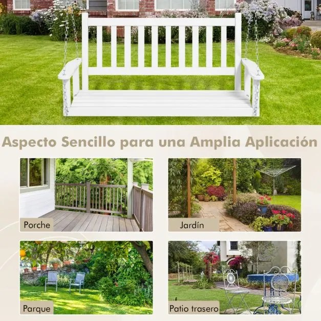 Banco de baloiço com 3 lugares 168 x 65 x 63 cm suspenso de madeira de choupo para jardim, Correntes ajustáveis Branco