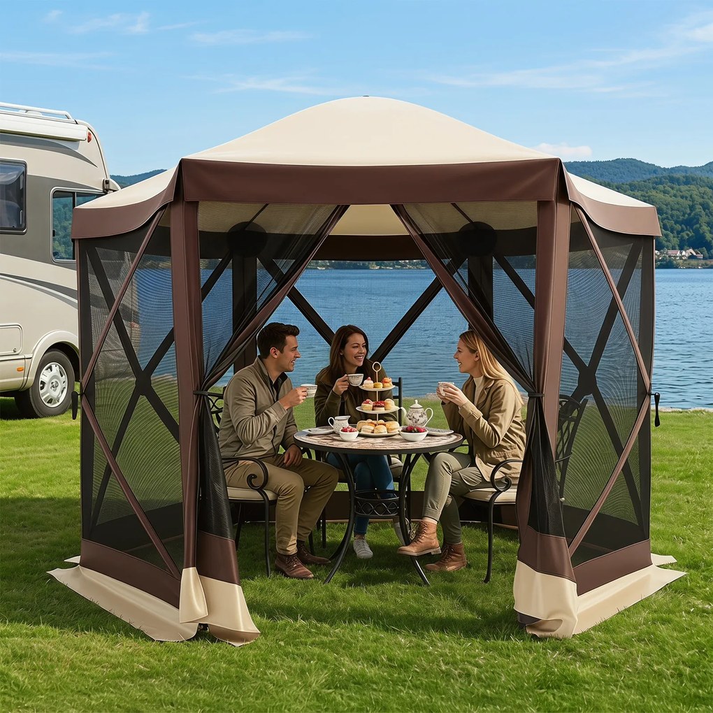 Tenda de Jardim Hexagonal Dobrável, 300 x 258 x 230 cm, Montagem Rápida, Castanho