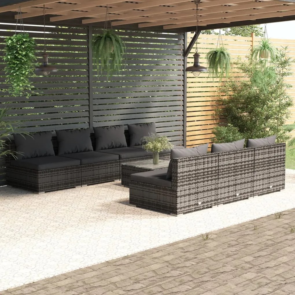 vidaXL 8 pcs conjunto lounge de jardim c/ almofadões vime PE cinzento