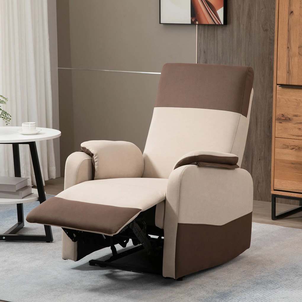 HOMCOM Poltrona Relax Reclinável até 145° Estofada em Poliéster com Apoio para os Pés Retrátil Carga Máxima 120kg para Sala de Estar Escritório Dormitório 75x89x105cm Marrom e Bege
