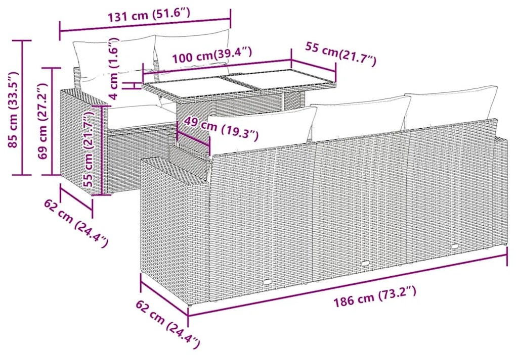 7 pcs conjunto de sofás jardim c/ almofadões vime PE castanho