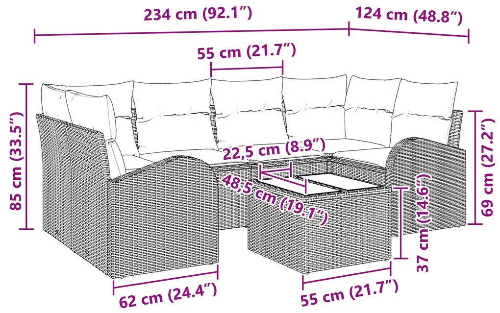 Conjunto de Sofá de Jardim de 7 Peças com Almofadas Bege Rattan Sintét