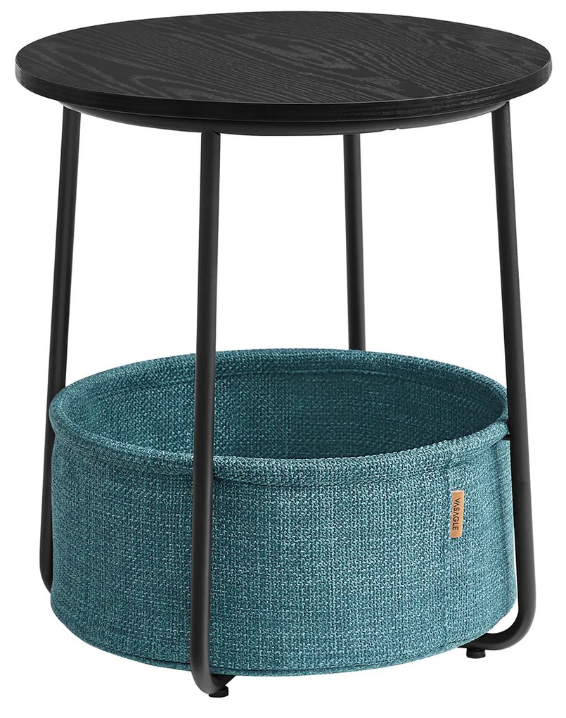 Mesa lateral VASAGLE, mesa lateral redonda com cesto de tecido, espaçosa, para sala de estar e quarto, mesa de cabeceira, estilo moderno, preta com veios de madeira e turquesa escuro LET223B56