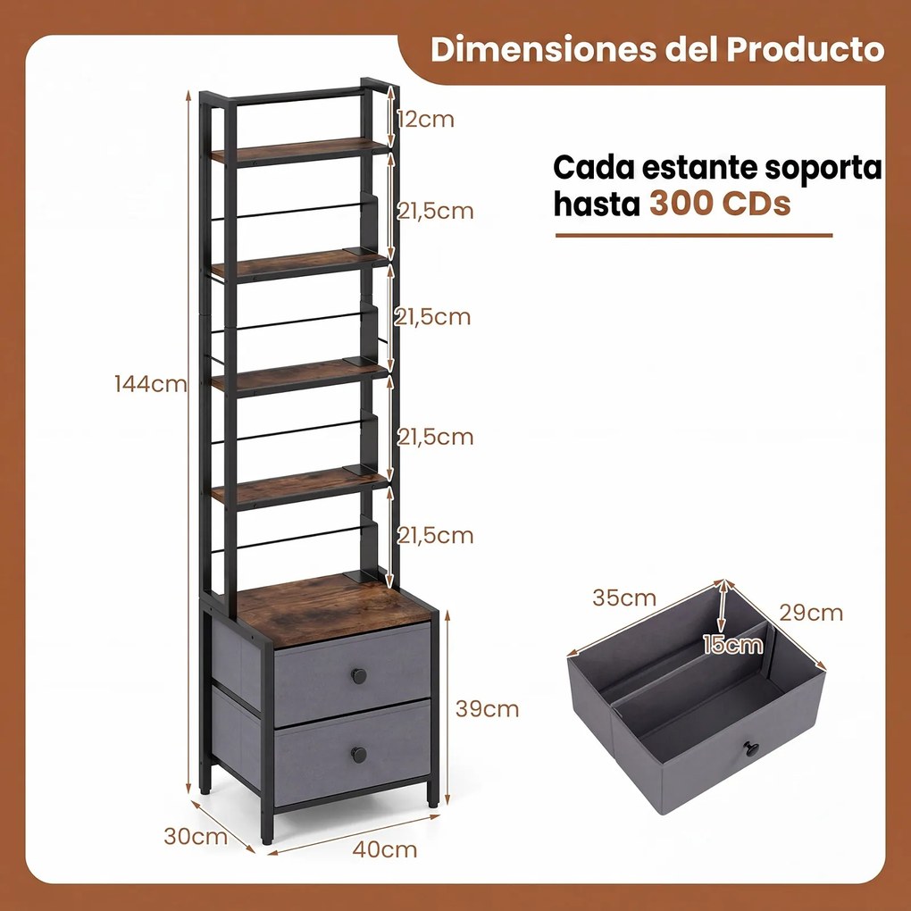 Estante com Gavetas de Tecido, 40 x 30 x 144 cm, 5 Níveis, Preto + Cinzento