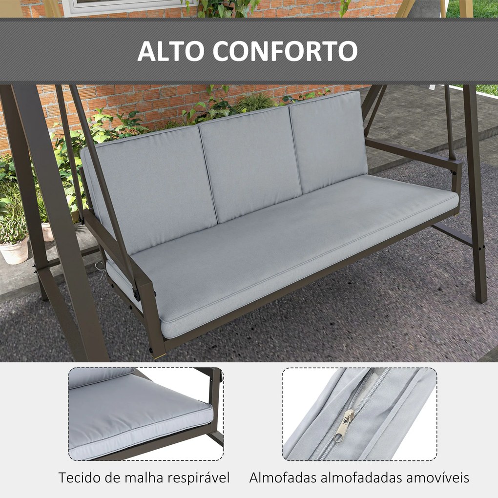 Baloiço de Jardim de 3 Lugares com Toldo Ajustável Almofadas Removíveis e Estrutura de Aço 200x125x175 cm Cinza
