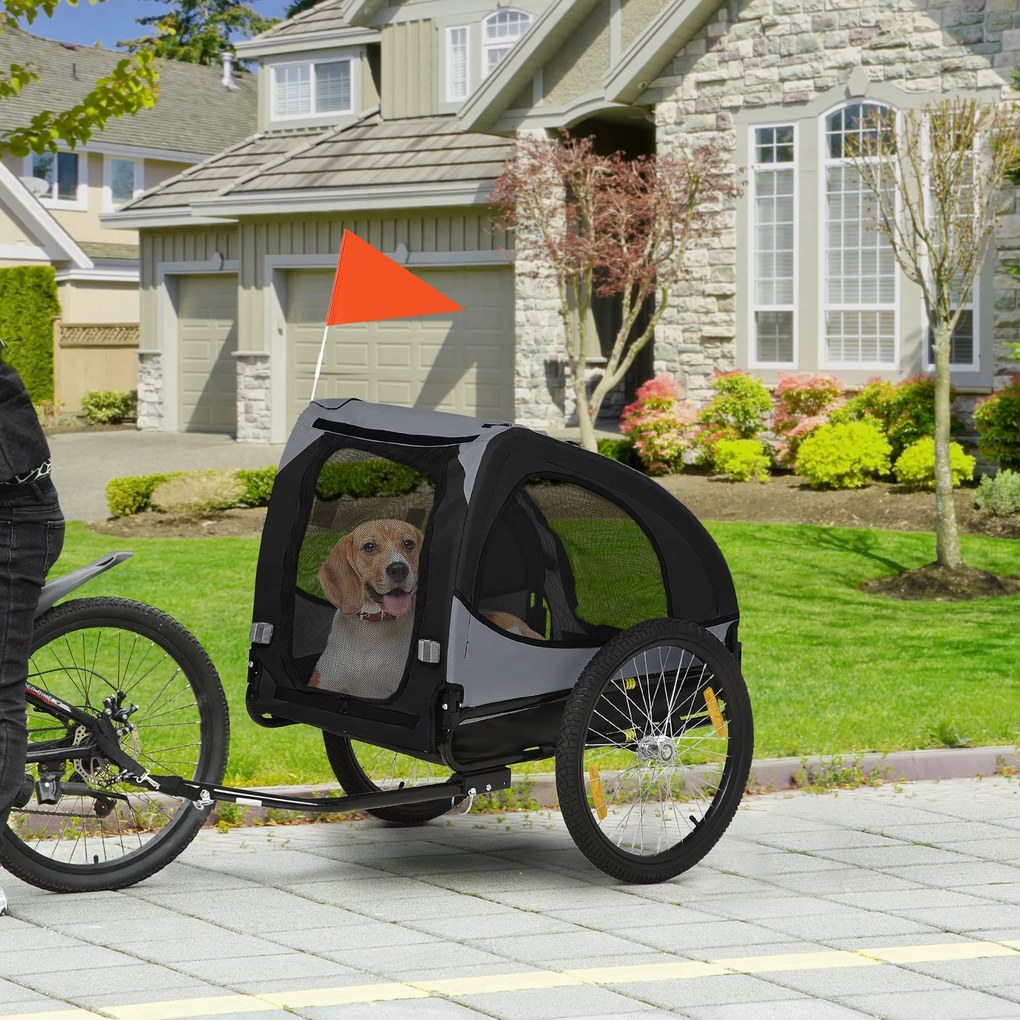 Reboque de bicicleta para cães com janelas em malha, refletores e bandeira de segurança, 140 x 71 x 83 cm, preto