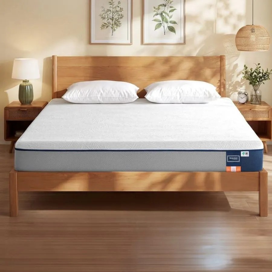 Colchão, 200 x 160 x 20 cm (C x L x A), colchão de casal em espuma viscoelástica com gel, firmeza média, Azul