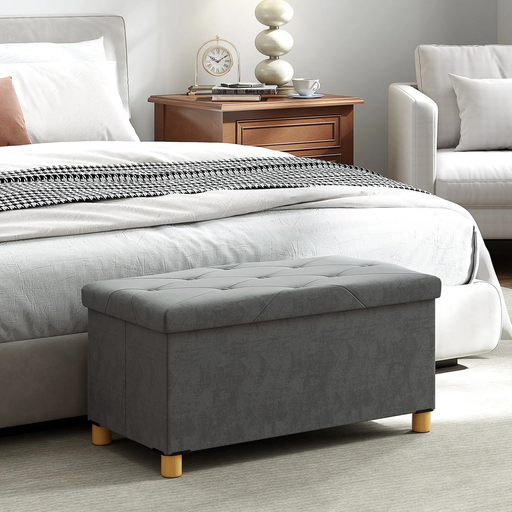 Banco de Armazenamento Dobrável Capacidade de 67 L  Estofado em Veludo Carga 120 kg 76x38x38 cm Cinza