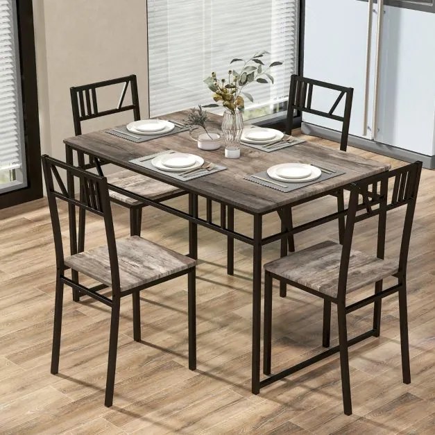 Conjunto de mesa de jantar retangular 110 cm x 70 cm x 76 cm e 4 cadeiras com estrutura metálica estilo industrial cinzento