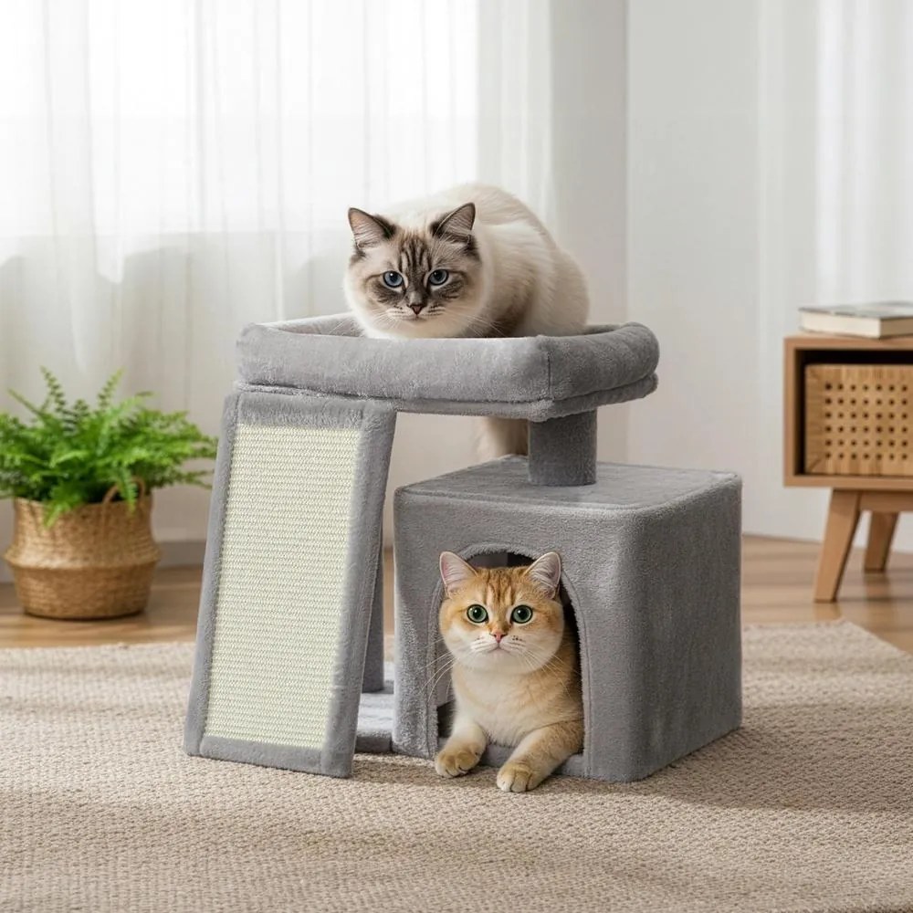 Arranhador para Gatos de arranhar com placa de arranhar 51 x 39,2 x 46,4 cm, casinha para gatos e plataforma cinzento claro