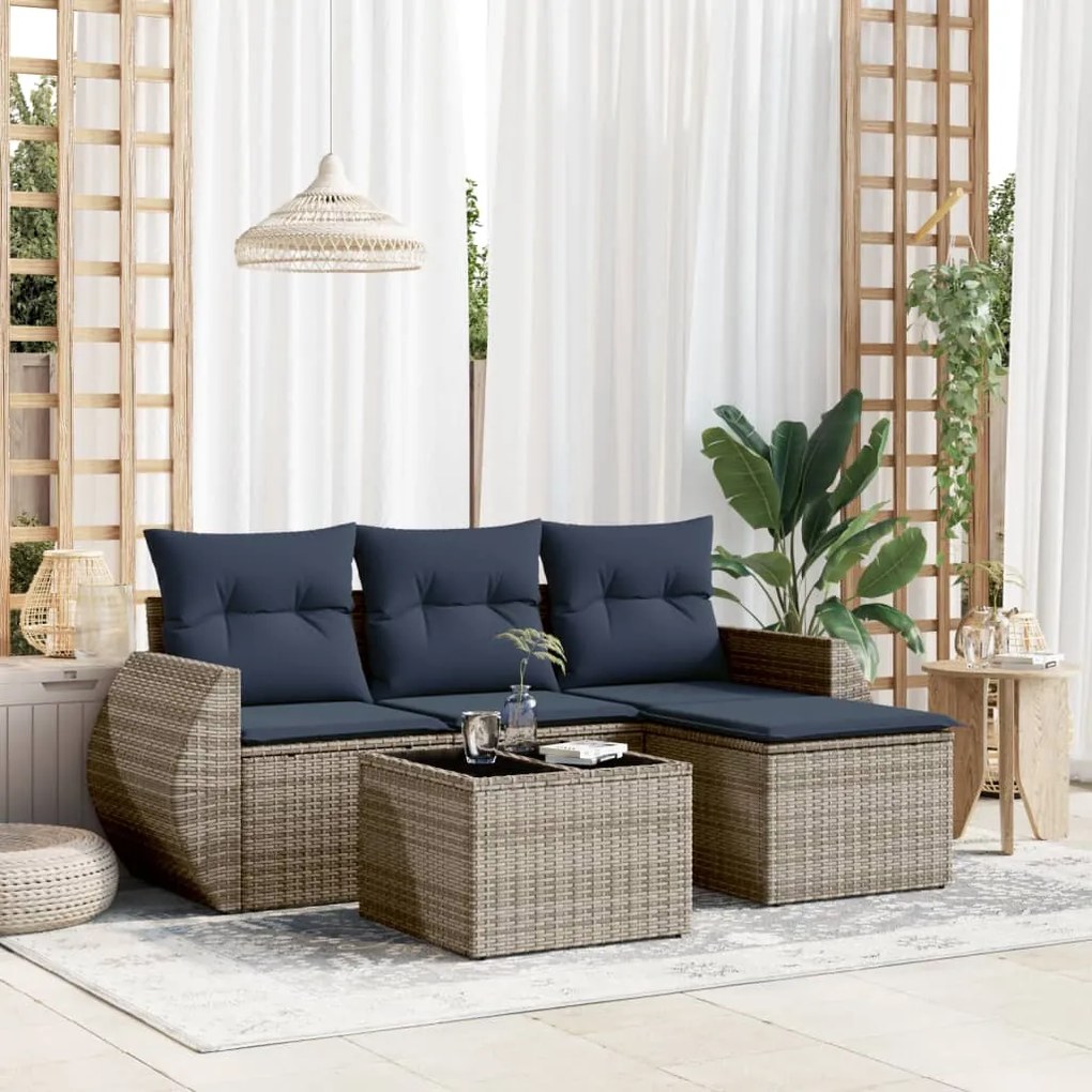 vidaXL 5 pcs conjunto sofás p/ jardim c/ almofadões vime PE cinzento