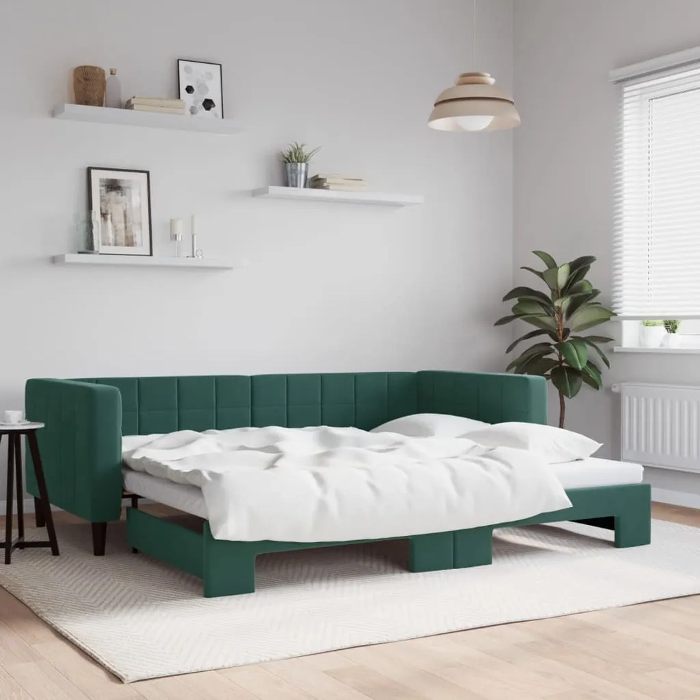 Sofá-cama com gavetão 90x200 cm veludo verde-escuro