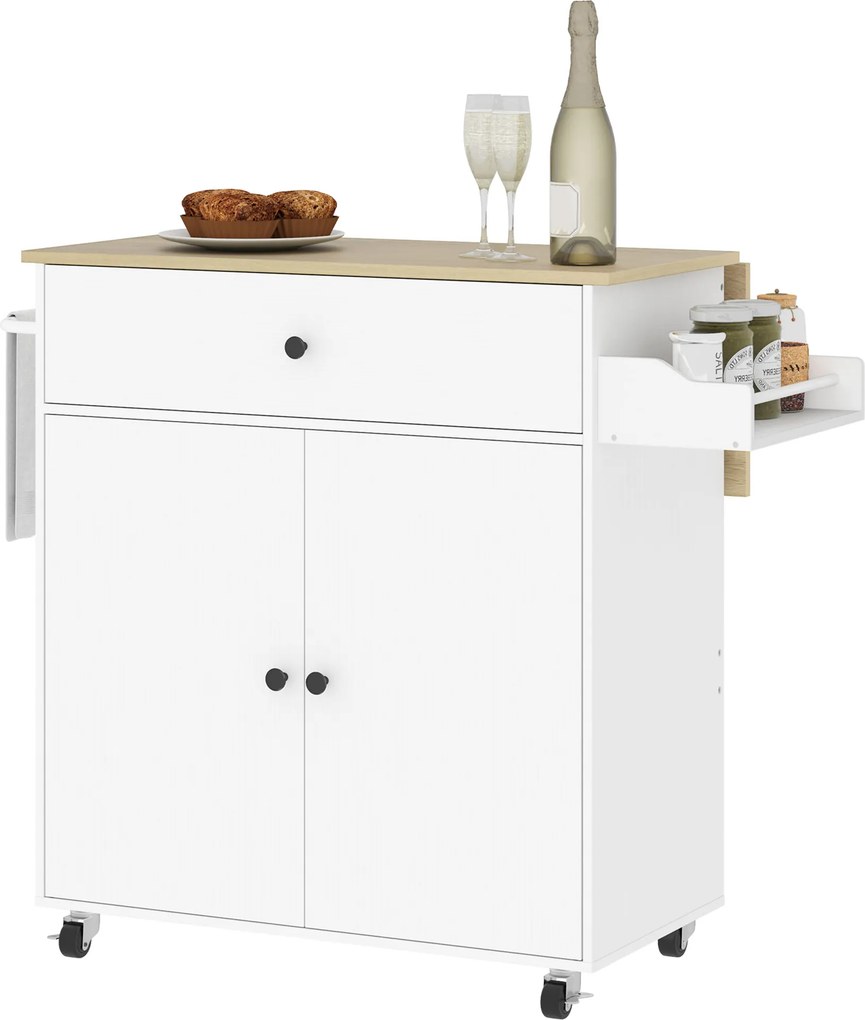 Carro de cozinha com rodas 106 x 42 x 87 cm, ilha central de cozinha – gaveta, prateleira ajustável, suporte para especiarias e toalheiro branco, cor