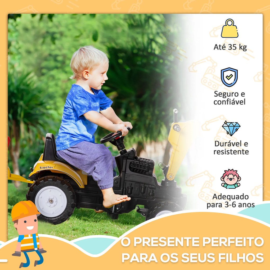 HOMCOM Tractor a Pedal para Crianças de 3-6 Anos Carro Andador Escavadora com Pá Frontal e Roboque Amovível Carga Máxima 35kg 163x42x71cm Amarelo