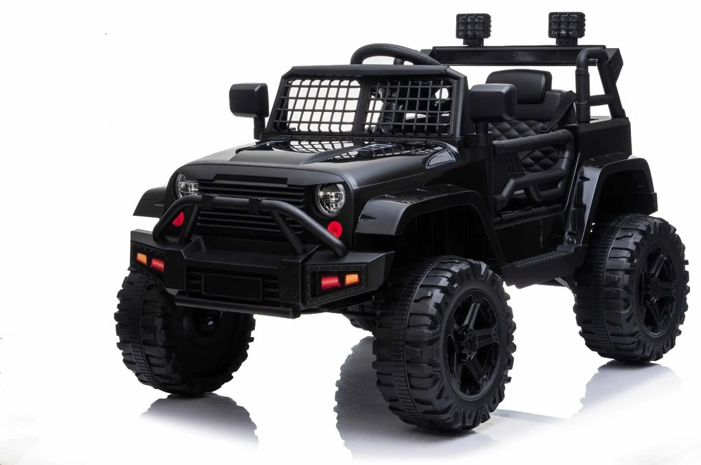 Jipe elétrico Crianças OFFROAD com tração traseira, preto, bateria 12V, chassi alto, assento largo, eixos suspensos, controle remoto 2,4 GHz, MP3 play