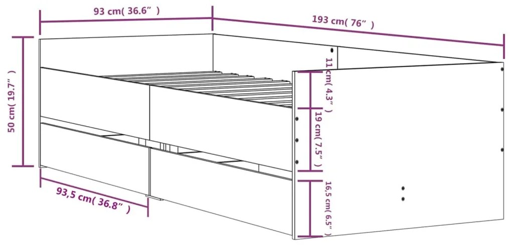 Estrutura de cama com gavetas 90x190 cm carvalho fumado