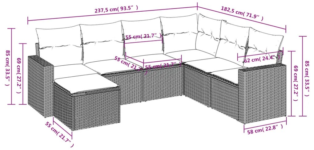7 pcs conjunto de sofás jardim c/ almofadões vime PE castanho