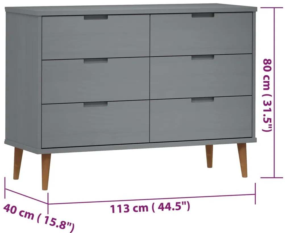 Armário de gavetas MOLDE 113x40x80 cm pinho maciço cinzento