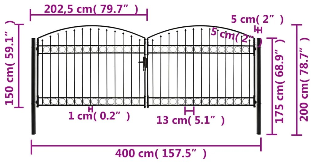 Portão p/ cerca porta dupla topo arqueado 400x150 cm aço preto