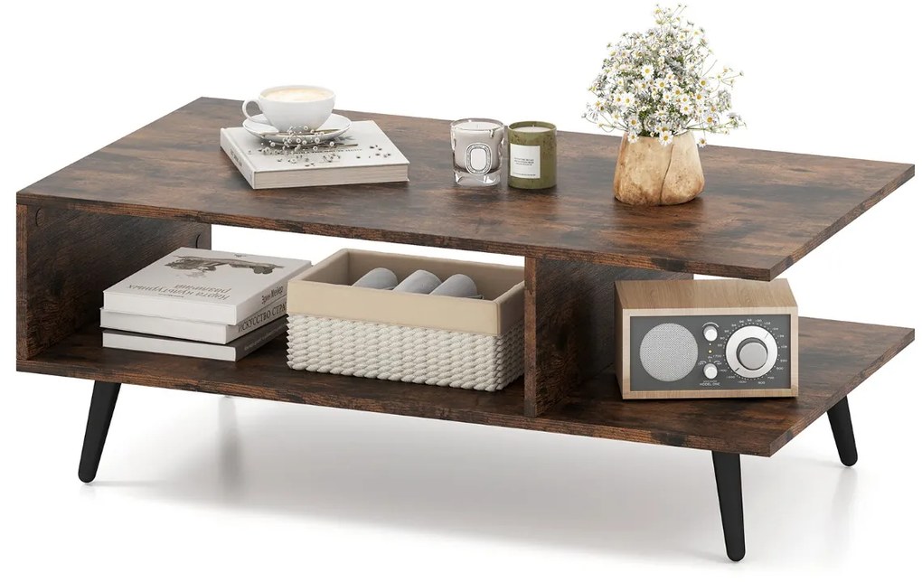 Mesa de centro com arrumação de 2 níveis com prateleira aberta e pernas de metal 80 x 45 x 30 cm castanho