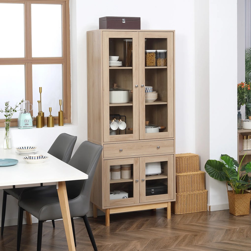 HOMCOM Armário de Cozinha Móvel Auxiliar de Cozinha com 1 Gaveta 4 Portas de Vidro Prateleiras Ajustáveis e Pés Elevados para Sala de Jantar Sala de Estar Anti-Tombamento 76x40x183cm Carvalho