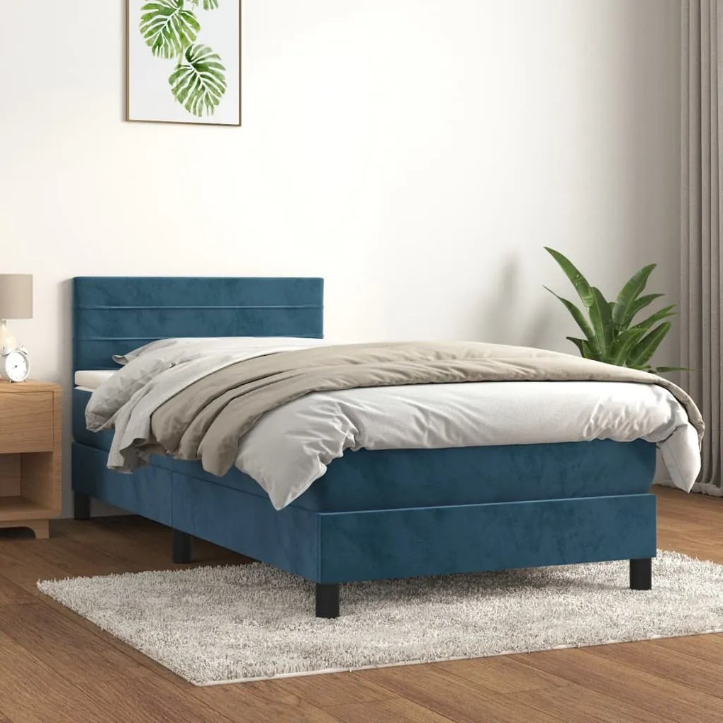 Cama com molas/colchão 90x190 cm veludo azul-escuro