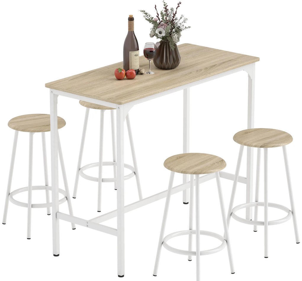 Conjunto de Móveis Altos de Bar com 5 Peças Mesa de Refeição Industrial e 4 Bancos Redondos Madeira e Branco