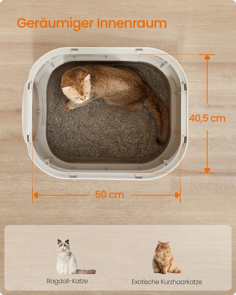 Caixa de areia XXL para gatos com tampa 54 x 42,8 x 40 cm (C x L x A), gaveta extraível e pá, castanho claro