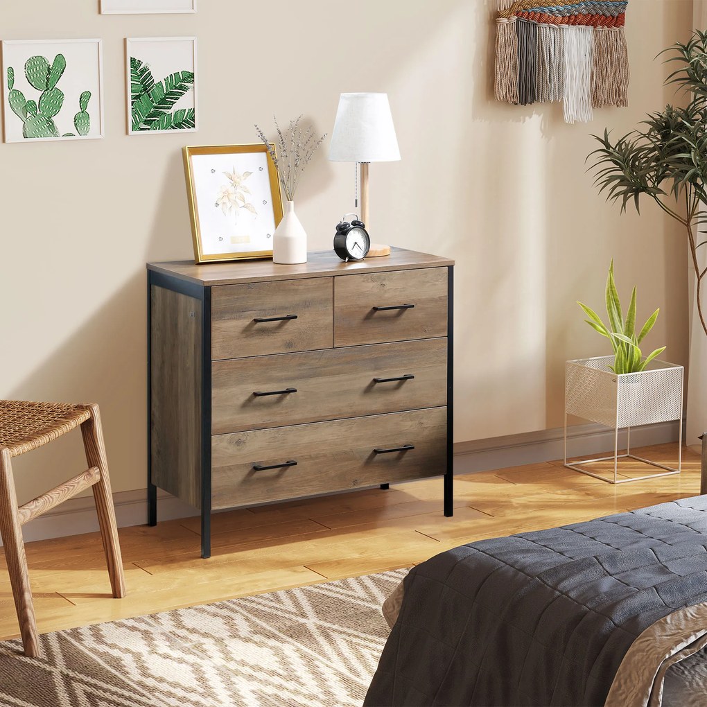 HOMCOM Cómoda com 4 Gavetas Cómoda de Madeira para Dormitório Móvel de Armazenamento Estilo Industrial para Escritório Dormitório Anti-Tombo 80x40x75cm Marrom e Preto
