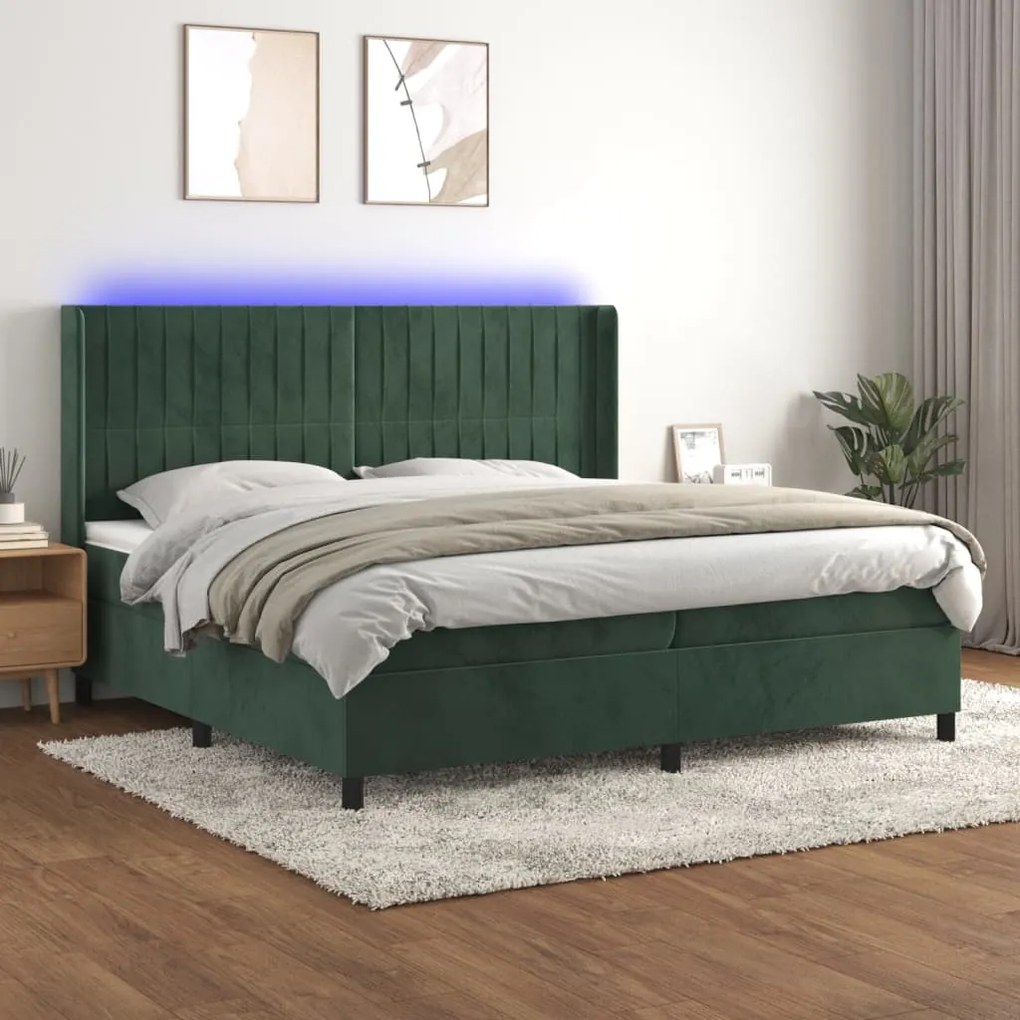3139706 vidaXL Cama box spring c/ colchão/LED 200x200 cm veludo verde-escuro