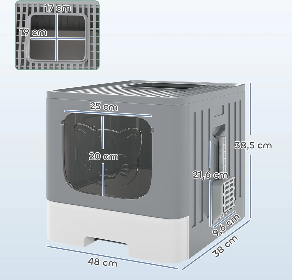 Caixa de Areia para Gatos Dobrável M Caixa de Areia com Tampa de Grelha Gaveta Removível Pá Gancho Lateral Fácil de Limpar Antifugas Cinzento