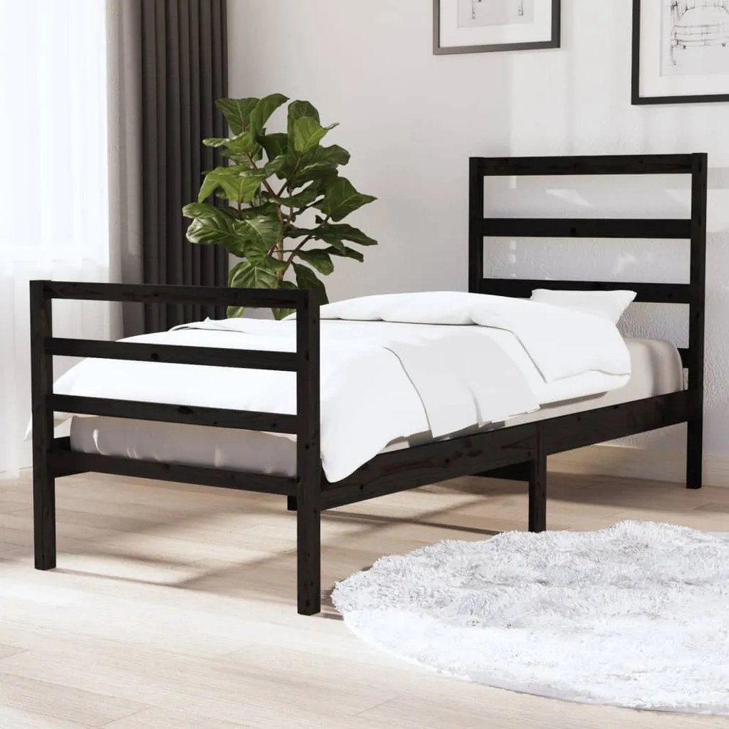 vidaXL Estrutura de cama solteiro 90x190 cm pinho maciço preto