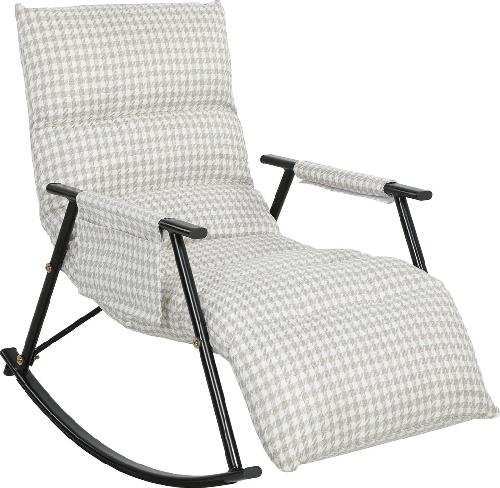 Poltrona Baloiço com Encosto e Apoia-Pés Ajustáveis 105° Estofada em Linho com Bolso Lateral Cinzento e Branco