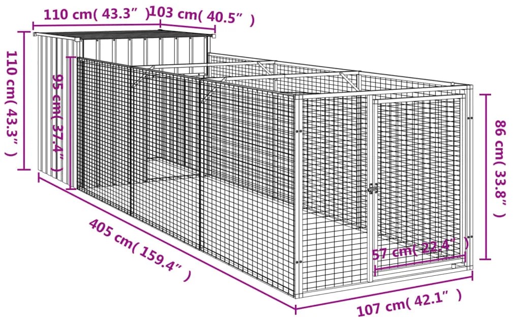 Casota cães c/ parque 110x405x110 cm aço galvaniz. cinza-claro