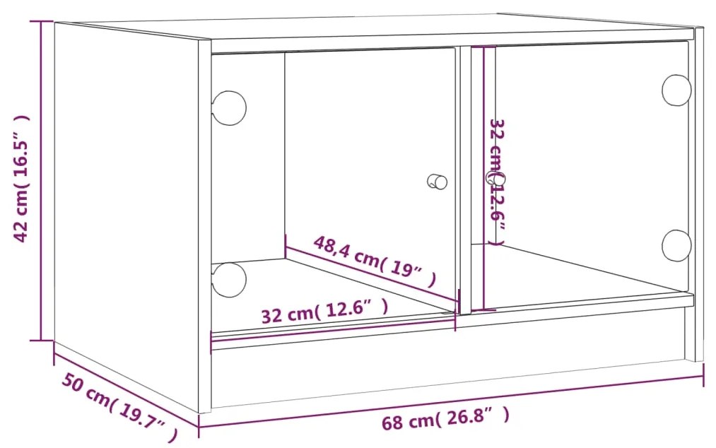 Mesa de centro c/ portas de vidro 68x50x42 cm carvalho castanho