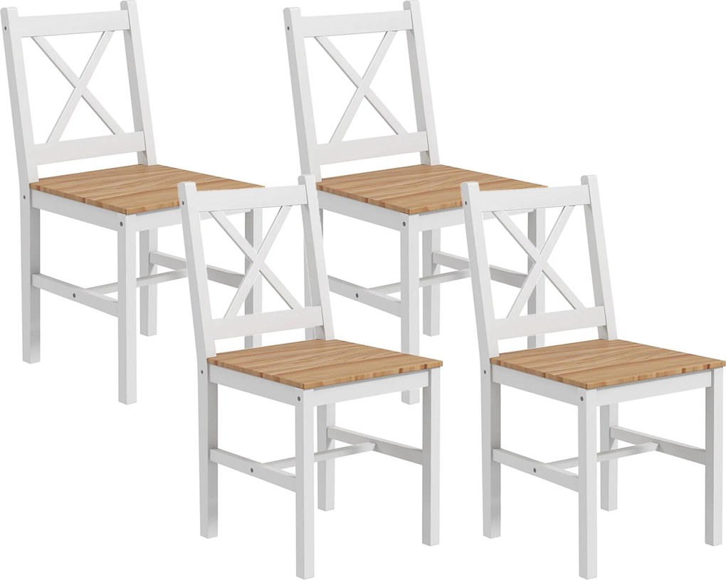 HOMCOM Conjunto de 4 Cadeiras de Jantar em Pinho Encosto Cruzado para Sala de Jantar Cozinha Ou Sala 41x46,5x86 cm Branco e Madeira | Aosom Portugal